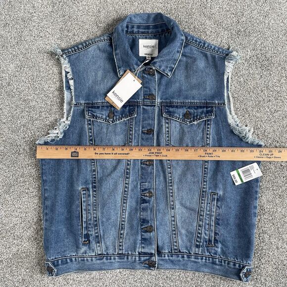 Kensie Jeans Vintage Luxe Denim Vest Stretch Trucker Frayed Size Large New - Picture 14 of 14